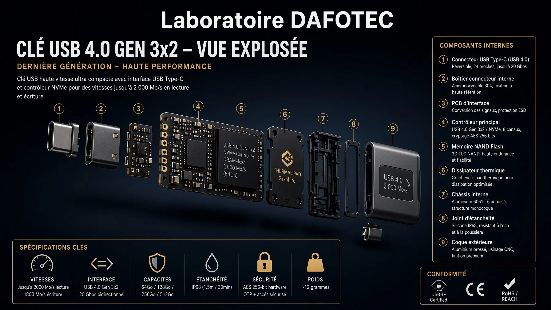Vue éclatée d'une clé USB 4.0 : connecteur Type-C, PCB, contrôleur NVMe, mémoire NAND flash, dissipateur et coque aluminium — infographie Laboratoire Dafotec