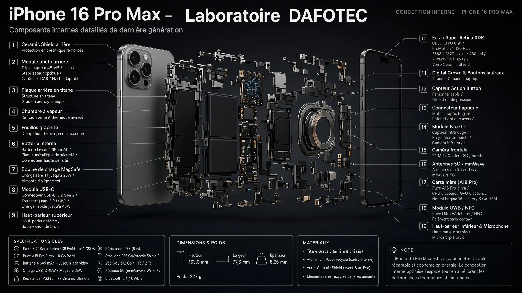 Vue éclatée d'un iPhone 16 Pro Max : carte mère A18 Pro, batterie, modules caméra, Face ID et écran Super Retina XDR — infographie Laboratoire Dafotec