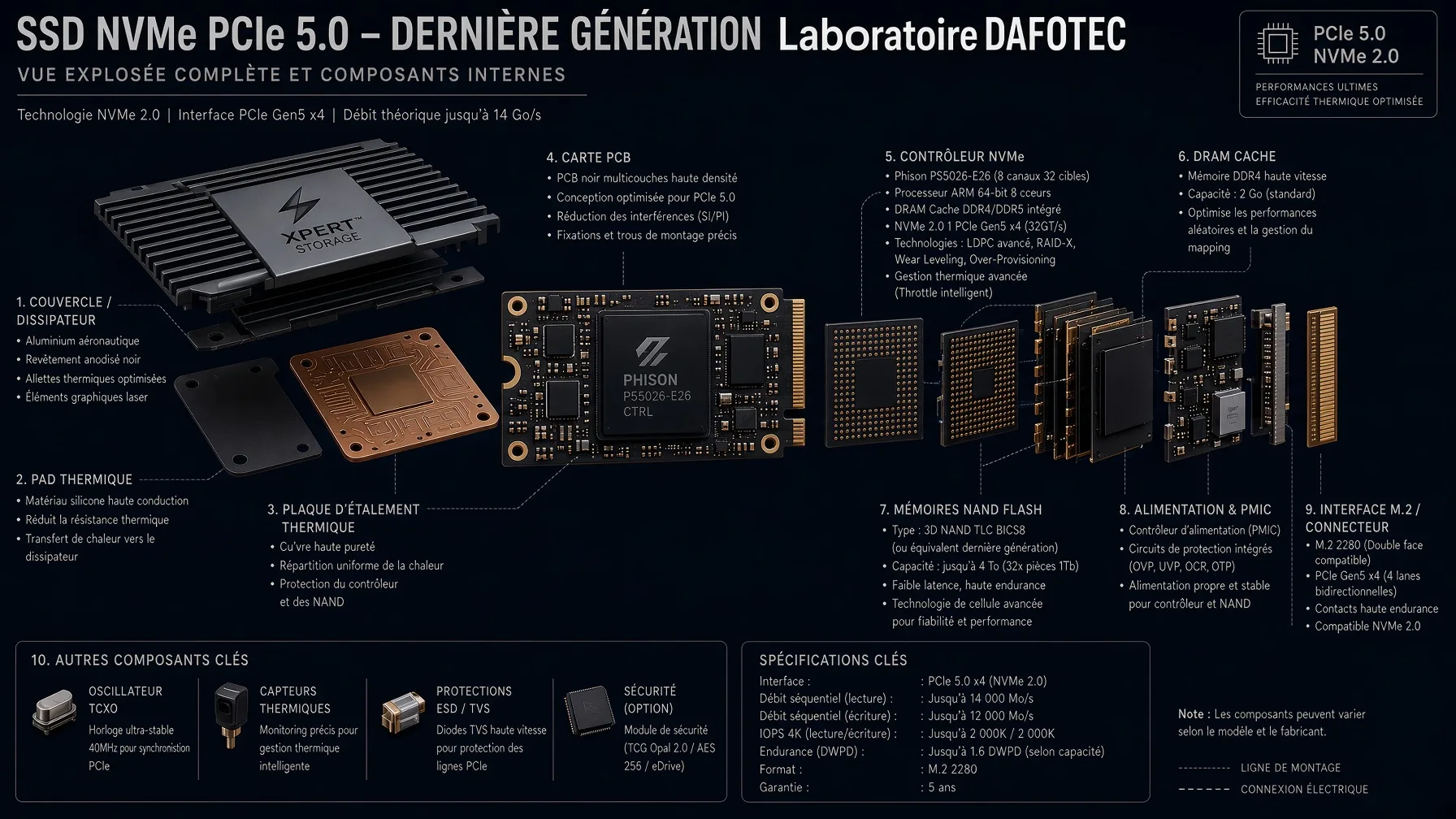 Vue éclatée d'un SSD NVMe PCIe 5.0 : dissipateur, carte PCB, contrôleur, DRAM cache, mémoires NAND flash et interface M.2 — infographie Laboratoire Dafotec