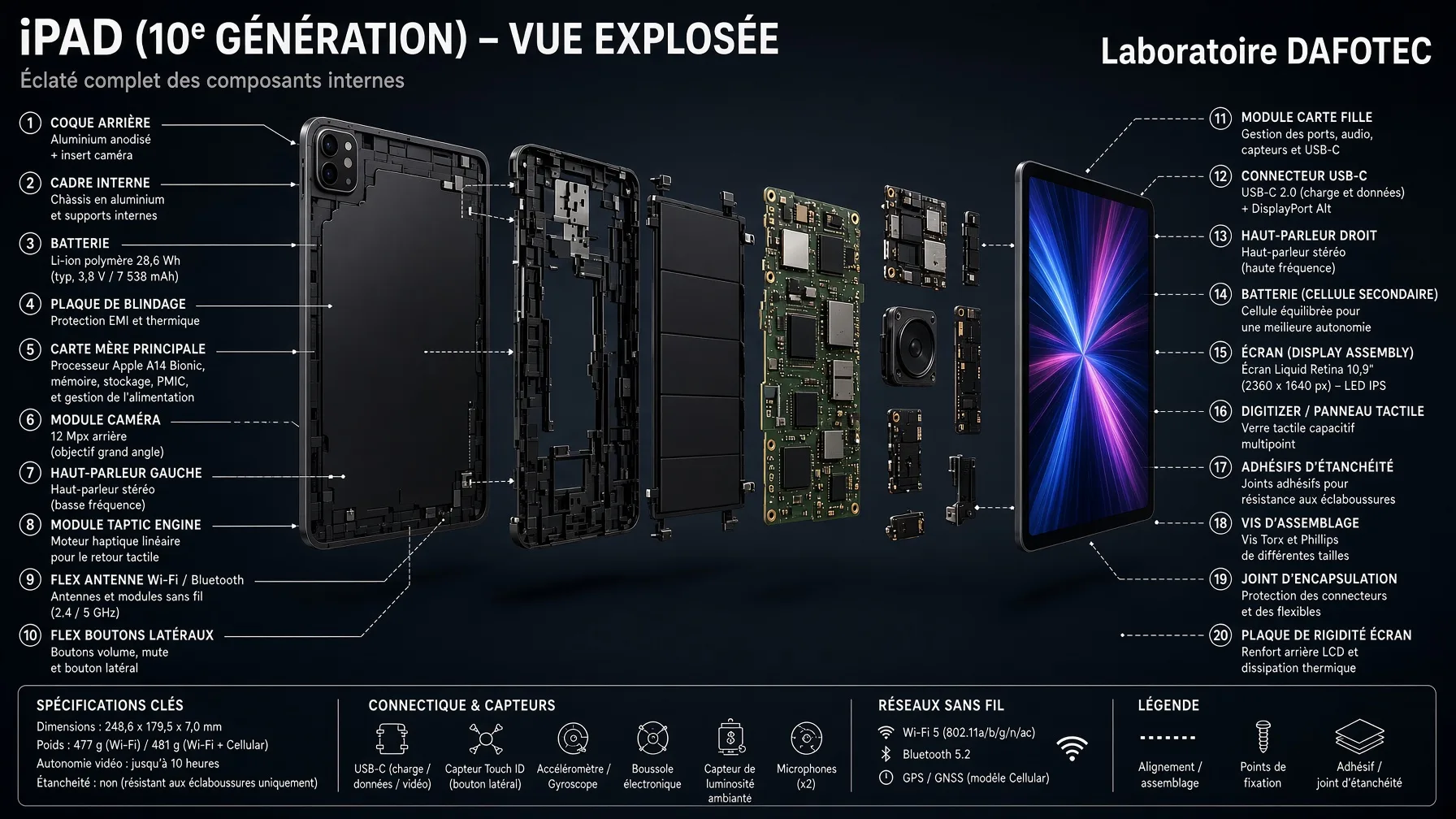 Vue éclatée d'un iPad 10e génération : coque, batterie Li-ion, carte mère A14 Bionic, modules et écran Liquid Retina — infographie Laboratoire Dafotec