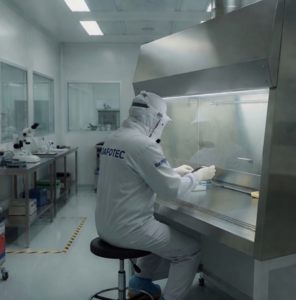 Technicien Dafotec en combinaison st&eacute;rile analysant un support de stockage sous hotte &agrave; flux laminaire dans la salle blanche ISO 5 du laboratoire de r&eacute;cup&eacute;ration de donn&eacute;es
